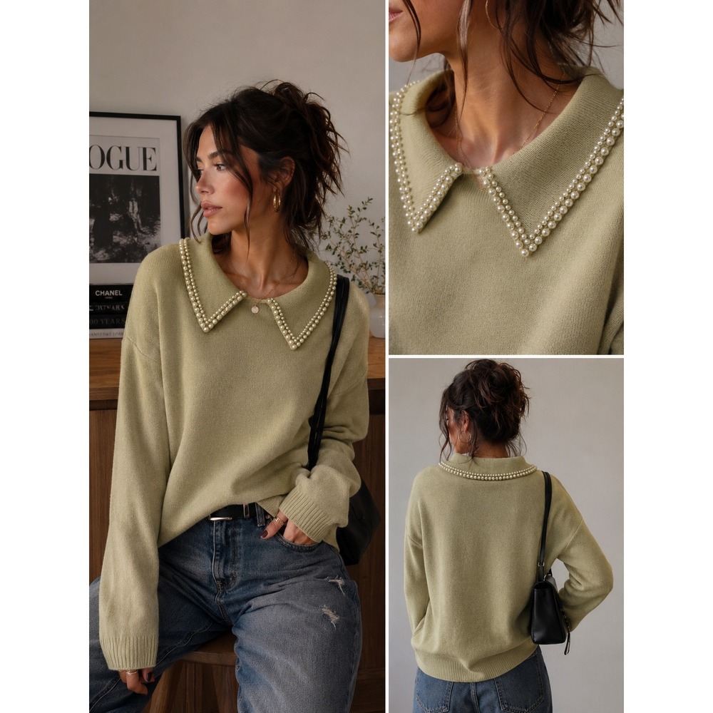 Pearl-Trim Olive Green Collared Knit Sweater